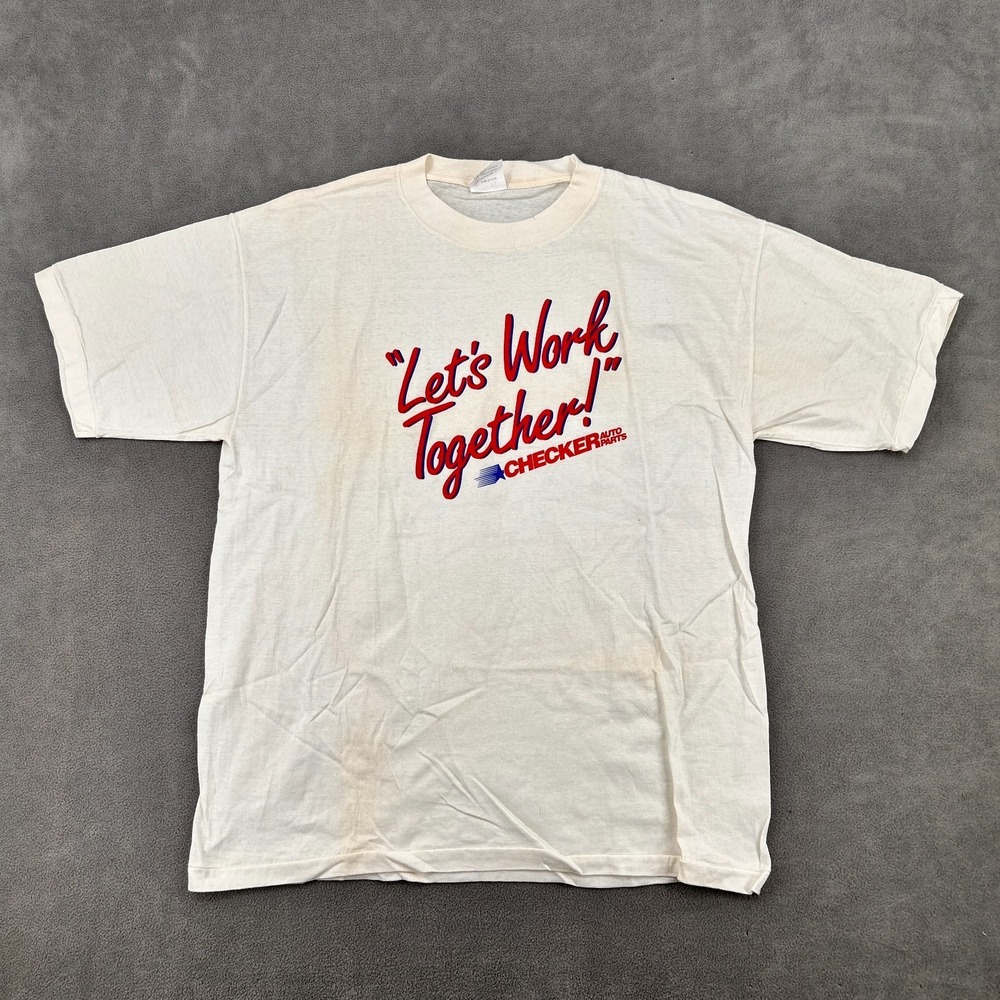 Vintage Cotton Net Let's Work Together Checker‎ Auto Parts T-Shirt Mens XL White